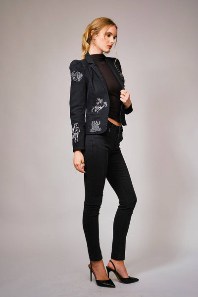 23567J - Stretch Denim Embroidered Western Blazer: BLACK / M