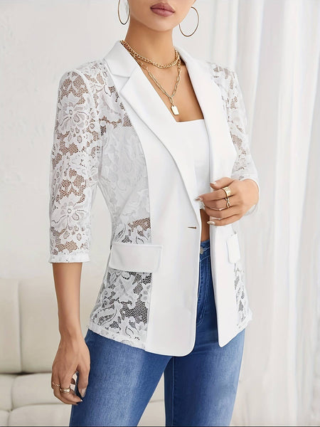 Elegant And Stylish Lace Patchwork Blazer: White / M