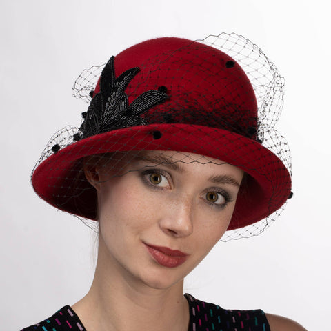 400802 Veil Cloche Wool Felt Women's Dress Hats: RED/BLACK / Felt