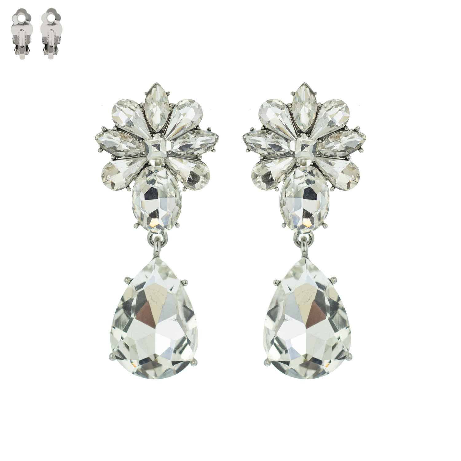 Stone Cluster Teardrop Clip - On Earrings: Crystal