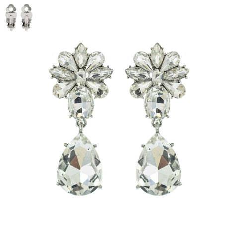 Stone Cluster Teardrop Clip - On Earrings: Crystal