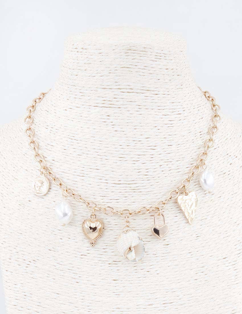 N25088 Shell/Heart/Coin/Pearl Charms Chain Necklace (16"+3"): 01 GD