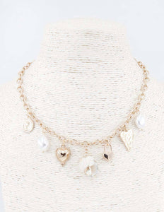 N25088 Shell/Heart/Coin/Pearl Charms Chain Necklace (16"+3"): 01 GD