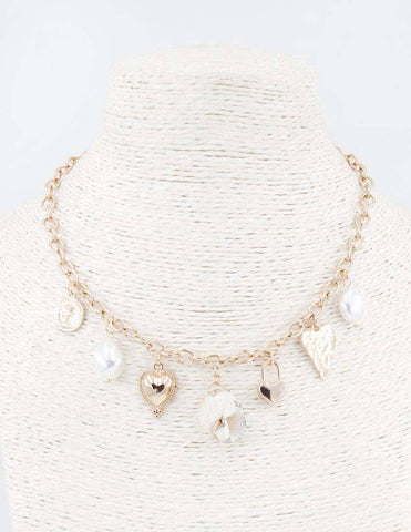 N25088 Shell/Heart/Coin/Pearl Charms Chain Necklace (16"+3"): 01 GD