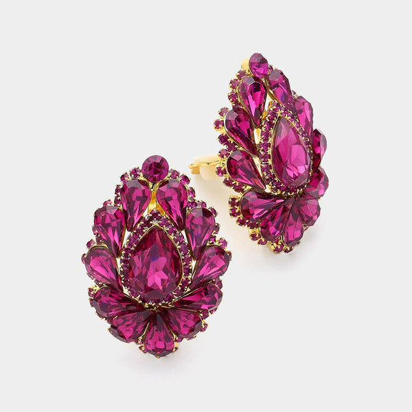 Teardrop Crystal Cluster Clip on Evening Earrings: Royal Blue