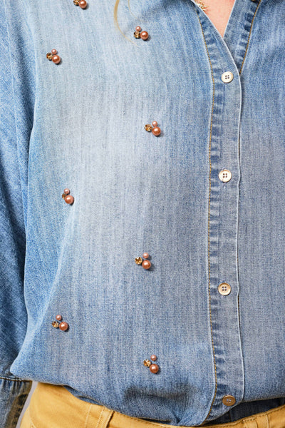36901T - Hi-Low Pearl Embellished Chambray Top: MED WASH / S