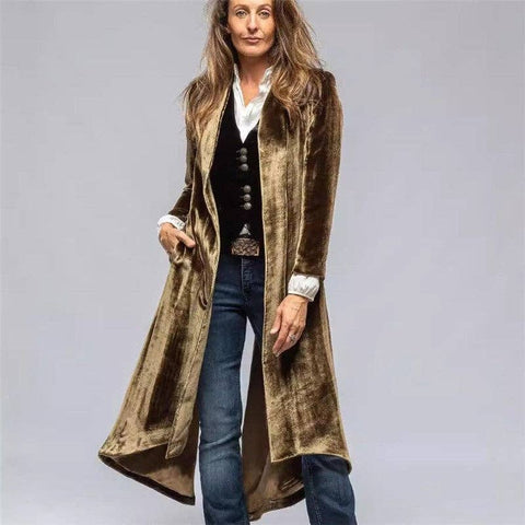 Long Velvet Solid Color Vintage Split Coat: Champagne / M