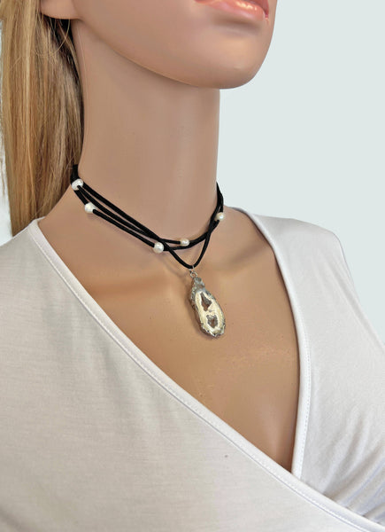Cultured Pearl Leather Choker Necklace with Geo Pendant