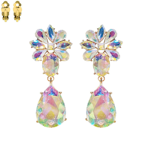 Stone Cluster Teardrop Clip - On Earrings: Crystal