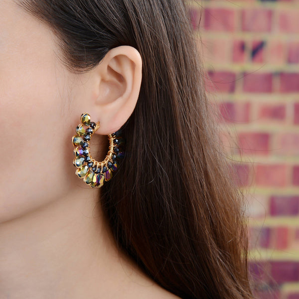 Fan Crescent Stud Beaded Earrings: Multi-Colored