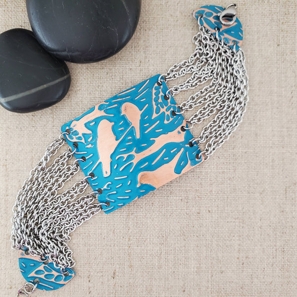 Embossed Bird Paint Patina Multi Chain Copper Bracelet: Navy