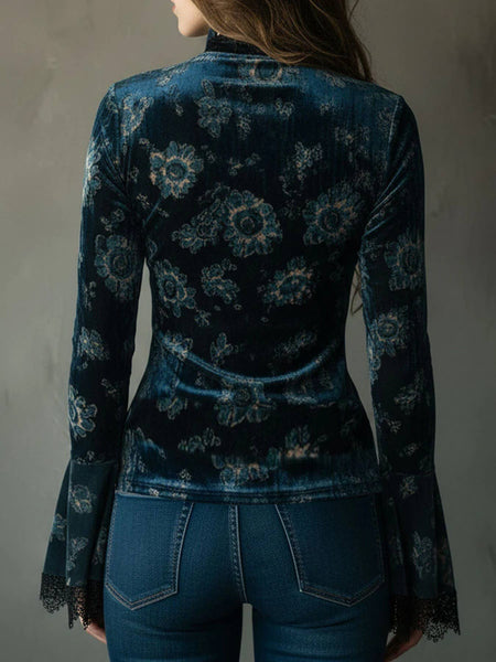 Floral Lace Trim Long Sleeve Blouse: Navy / S