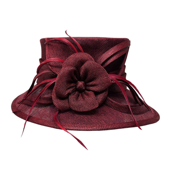 Flower Ribbon Feather Accented Sinamay Dressy Hat: Camel