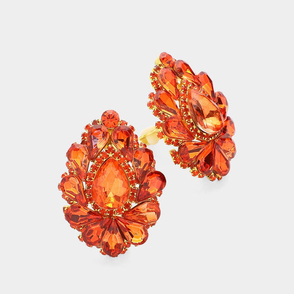 Teardrop Crystal Cluster Clip on Evening Earrings: Royal Blue
