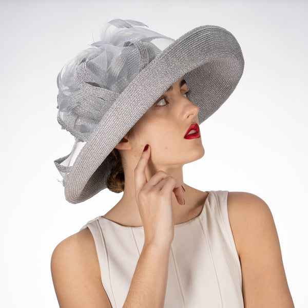 331744 Black Feather Bow Metallic Turn Up Hats: NAVY / Metallic