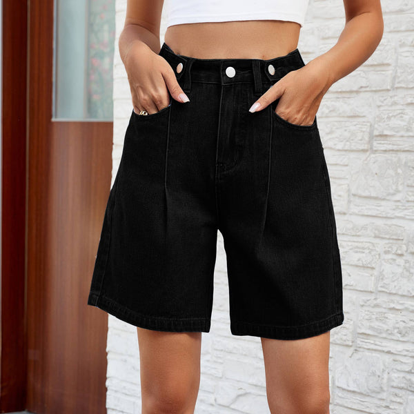 Denim High Waist Button Detail Shorts: Blue / S