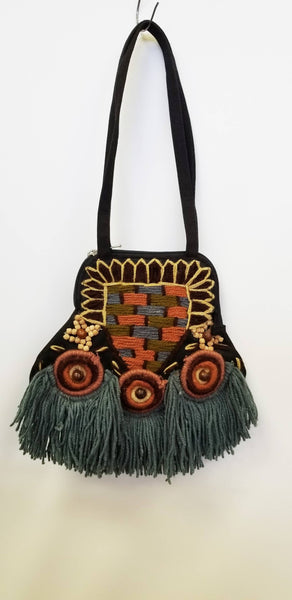 COTTON CANVAS, YARN ART BOHEMIAN BAG: BLACK