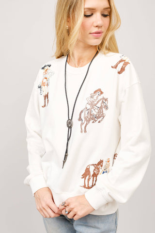 23230T - Western Motif Embroidered Graphic Sweatshirt: OFF WHITE / S