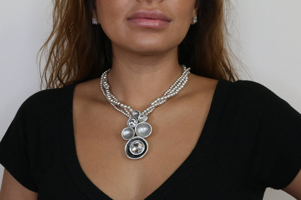 Multi Strand Pewter Necklace with Multi Disc Pendant