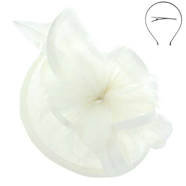 SINAMAY FEATHER FASCINATOR WITH HEADBAND AND CLIP HTH2699: Wh