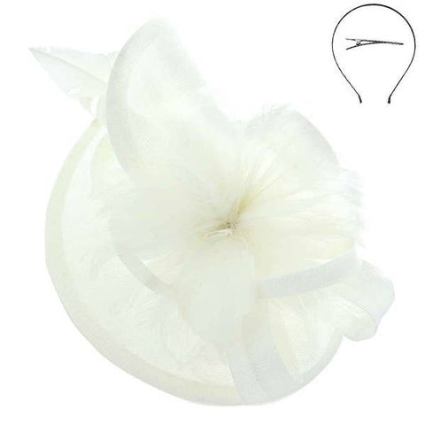 SINAMAY FEATHER FASCINATOR WITH HEADBAND AND CLIP HTH2699: Wh