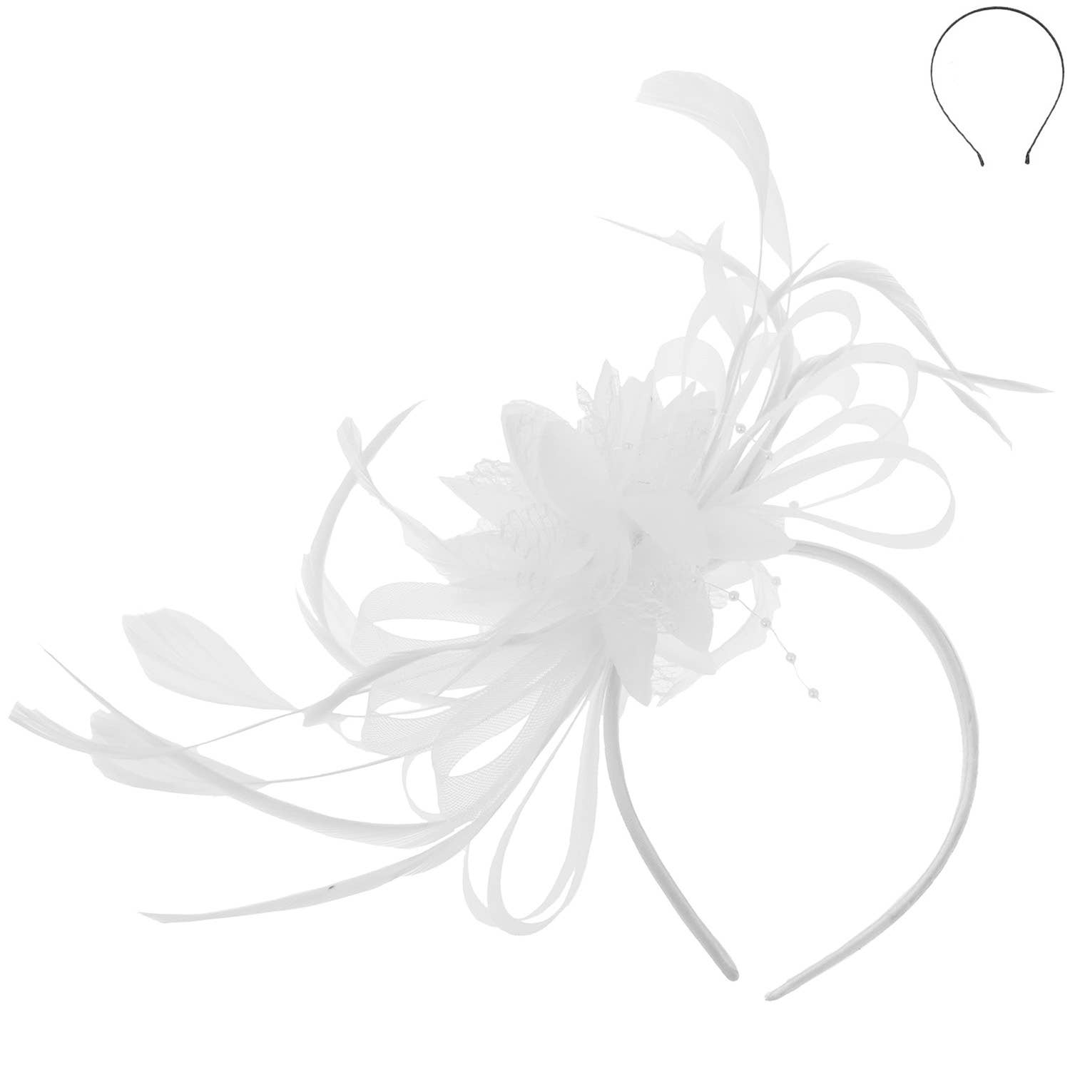 Floral Fascinator Headband w/ Side Loops & Feathers: White
