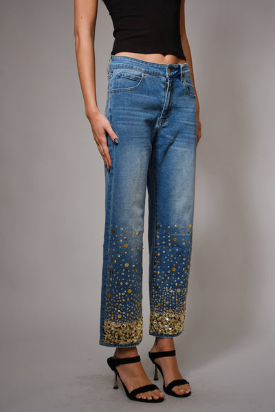 91499P - Gold Sequin Straight Leg Jeans: MED WASH / S