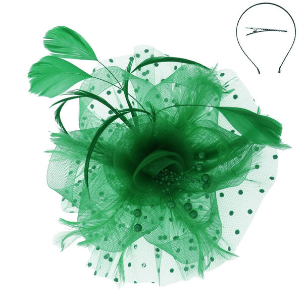 Organza Ribbon Flower Fascinator w/ Feathers & Dotted Mesh: White