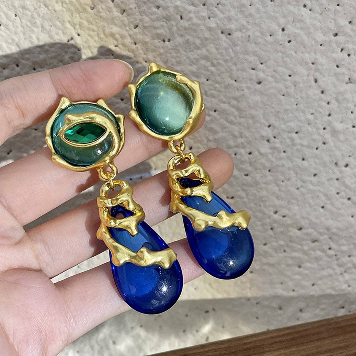 Retro Blue, Green and Gold Oval Drop Earrings