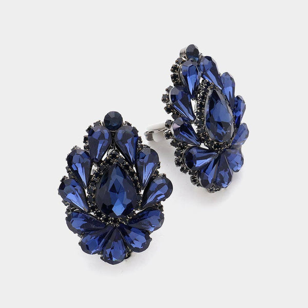 Teardrop Crystal Cluster Clip on Evening Earrings: Royal Blue