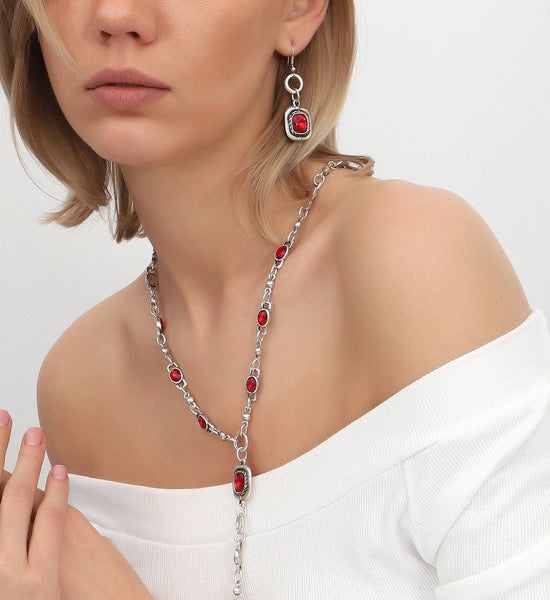 Jewelry Set with Red Crystal Chain Necklace and Earrings: Silver / Brass
