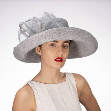 331744 Black Feather Bow Metallic Turn Up Hats: NAVY / Metallic
