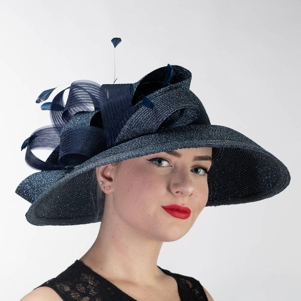 331881 Metallic Wide-Brimmed Church Hats: NAVY / Metallic