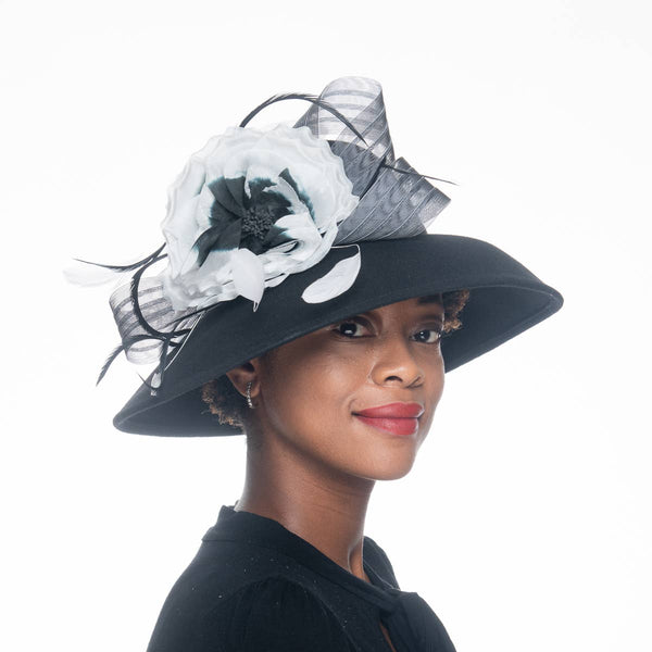 400783 Silk Flower Bow Down Brim Wool Felt Hats: IVORY / Felt