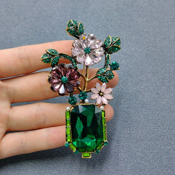 Inlaid Glass & Rhinestone Flower Shape Vintage Brooch