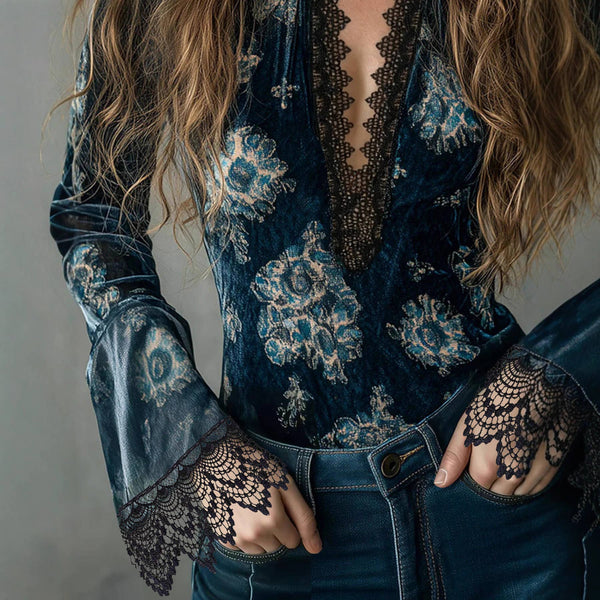 Floral Lace Trim Long Sleeve Blouse: Navy / S