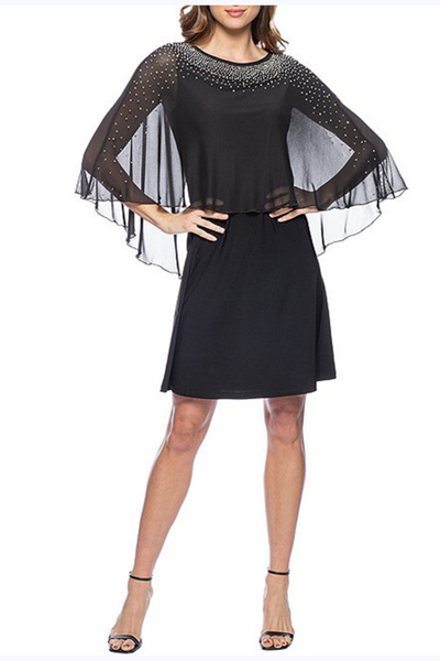 Marina Embellished Sheer Capelet Sleeve Dress: BLACK / L