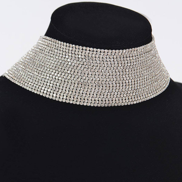 Thick Rhinestone Choker Necklace: Silver