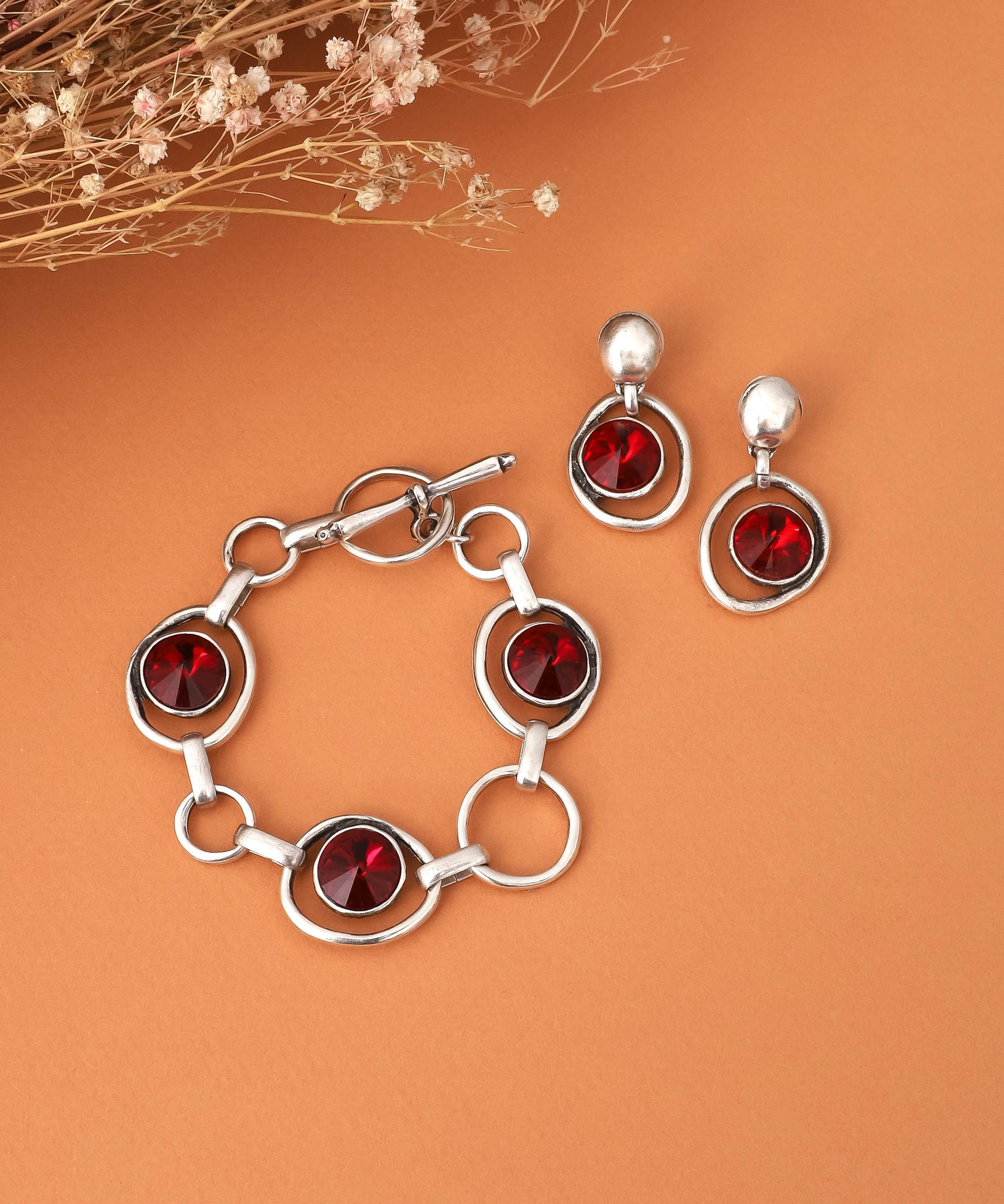 Bohemian Style Silver Red Crystal Bracelet and Earrings Set