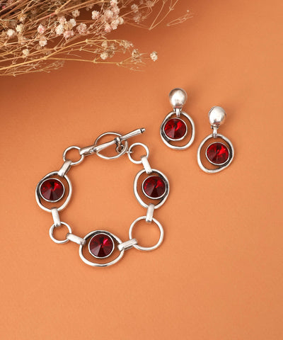 Bohemian Style Silver Red Crystal Bracelet and Earrings Set