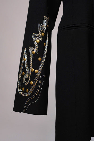 23503J - Woven Suiting Embroidered Tunic Blazer: BLACK / M