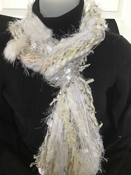 Snowball white, silver beads yarn scarf