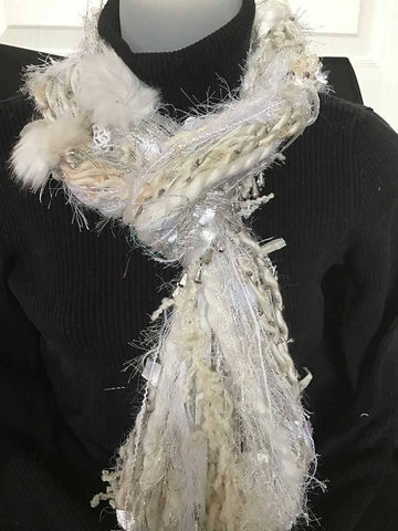 Snowball white, silver beads yarn scarf