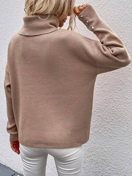 Casual Loose Solid Color High-Neck Long Sleeves Knitwear: WHITE / S