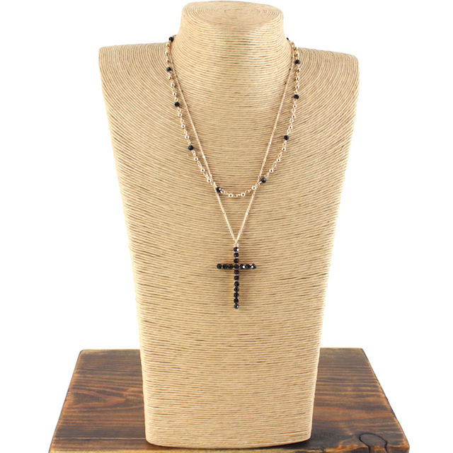 N24189 Glass Beads Adorned Cross Pendant 2-Layer Necklace: 02 Black