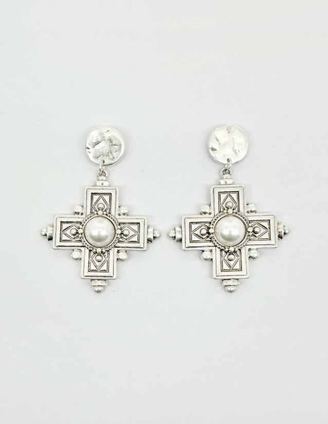 E25084 Faux Pearl Adorned Vintage Cross Dangle Earrings: 01 WG