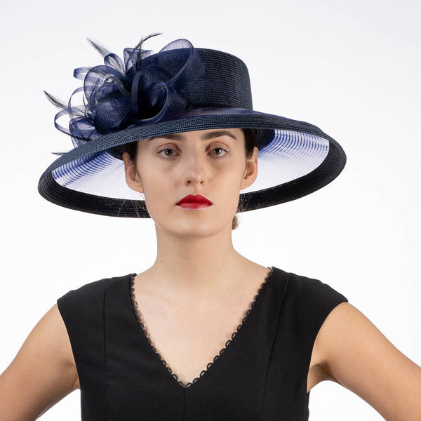 301886 Ribbon Bow Crinoline Brim Poly Straw Hats: PP / NAVY