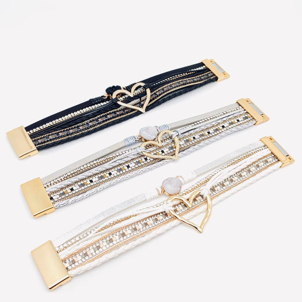 Multi-Layer Heart-Shaped Bangle Bracelets | Magnetic Buckle: Silver