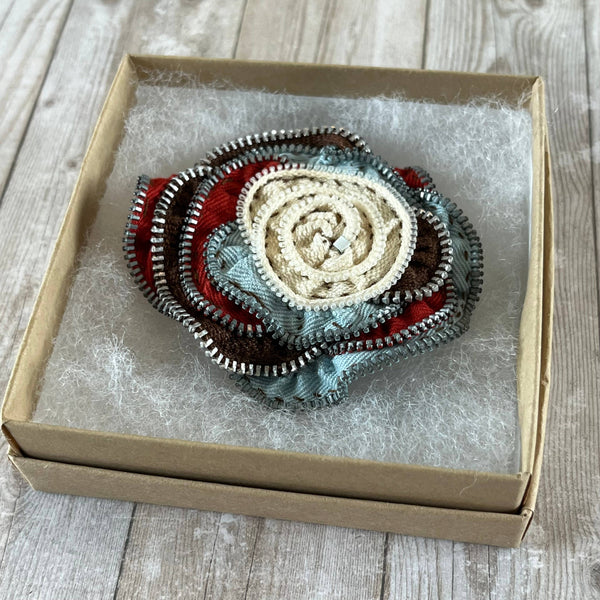 OOAK Vintage Zipper Flower Brooch Blue Rust Brown Cream
