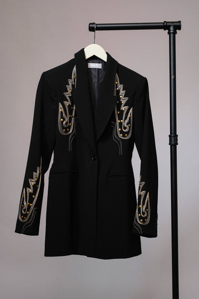 23503J - Woven Suiting Embroidered Tunic Blazer: BLACK / M